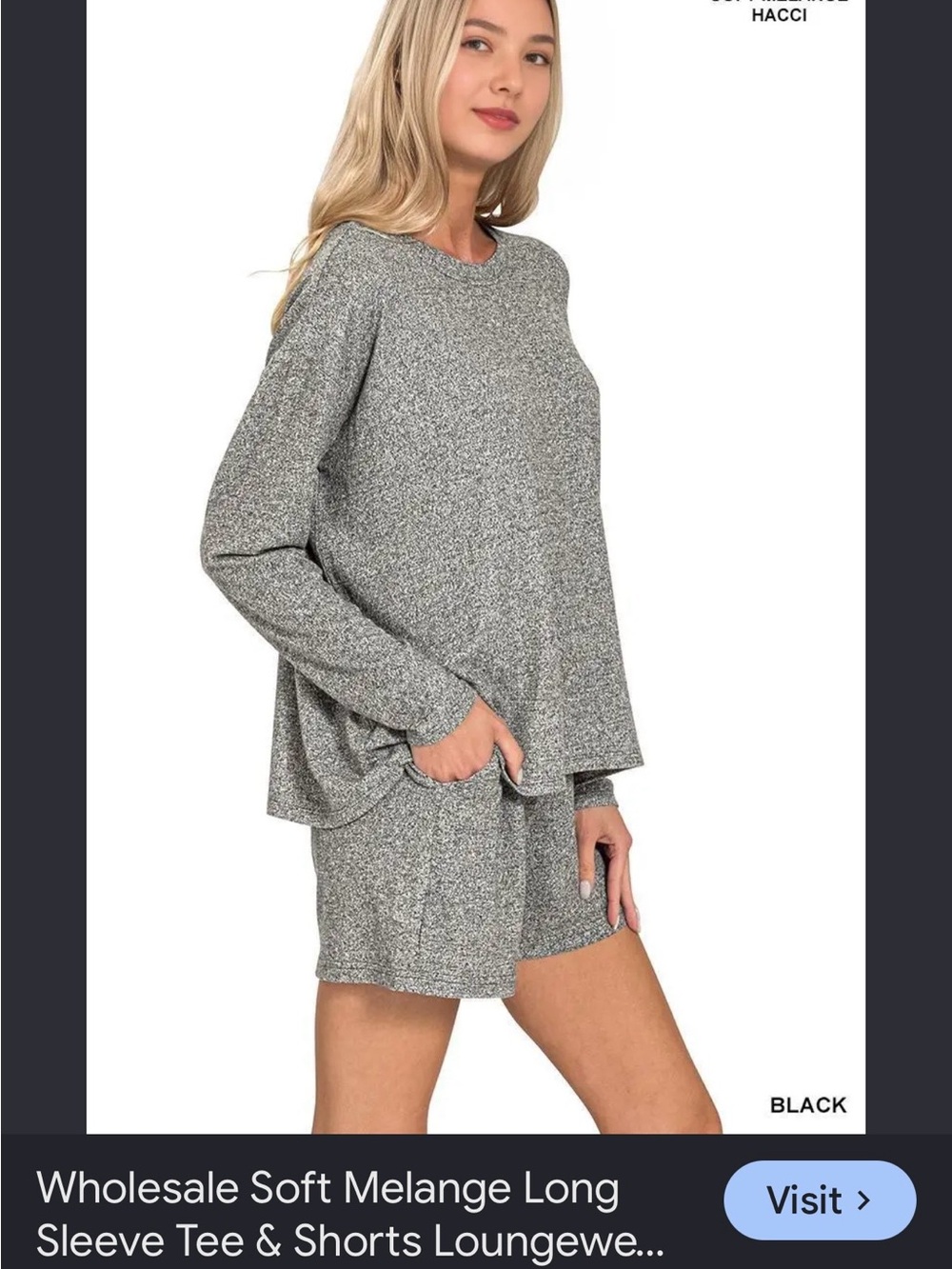 NWOT Zenana Soft Mélange Long Sleeve Tee & Shorts Lounge Set - Black